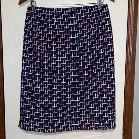 TALBOTS Boucle Navy White, Blue & Red Wrap Skirt With Slit - Picture 9 of 16